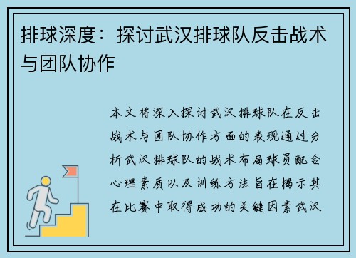 排球深度：探讨武汉排球队反击战术与团队协作