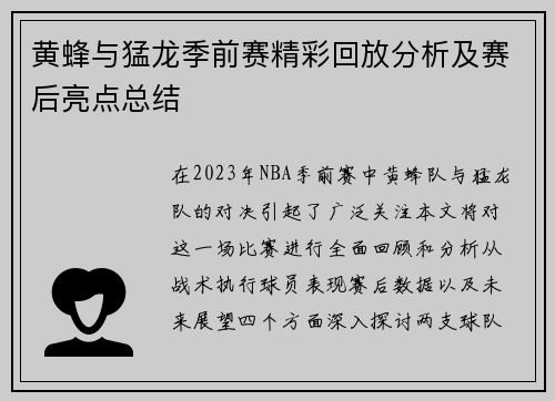 黄蜂与猛龙季前赛精彩回放分析及赛后亮点总结
