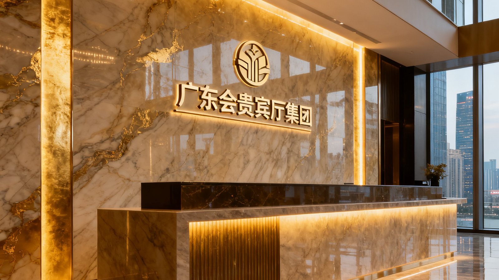 广东会贵宾厅集团总部位于广州珠江新城富力中心38层，前台接待区采用现代奢华装修风格，大理石墙面搭配暖金色灯光，接待台后方悬挂集团品牌标识，展现企业专业高端的品牌形象。