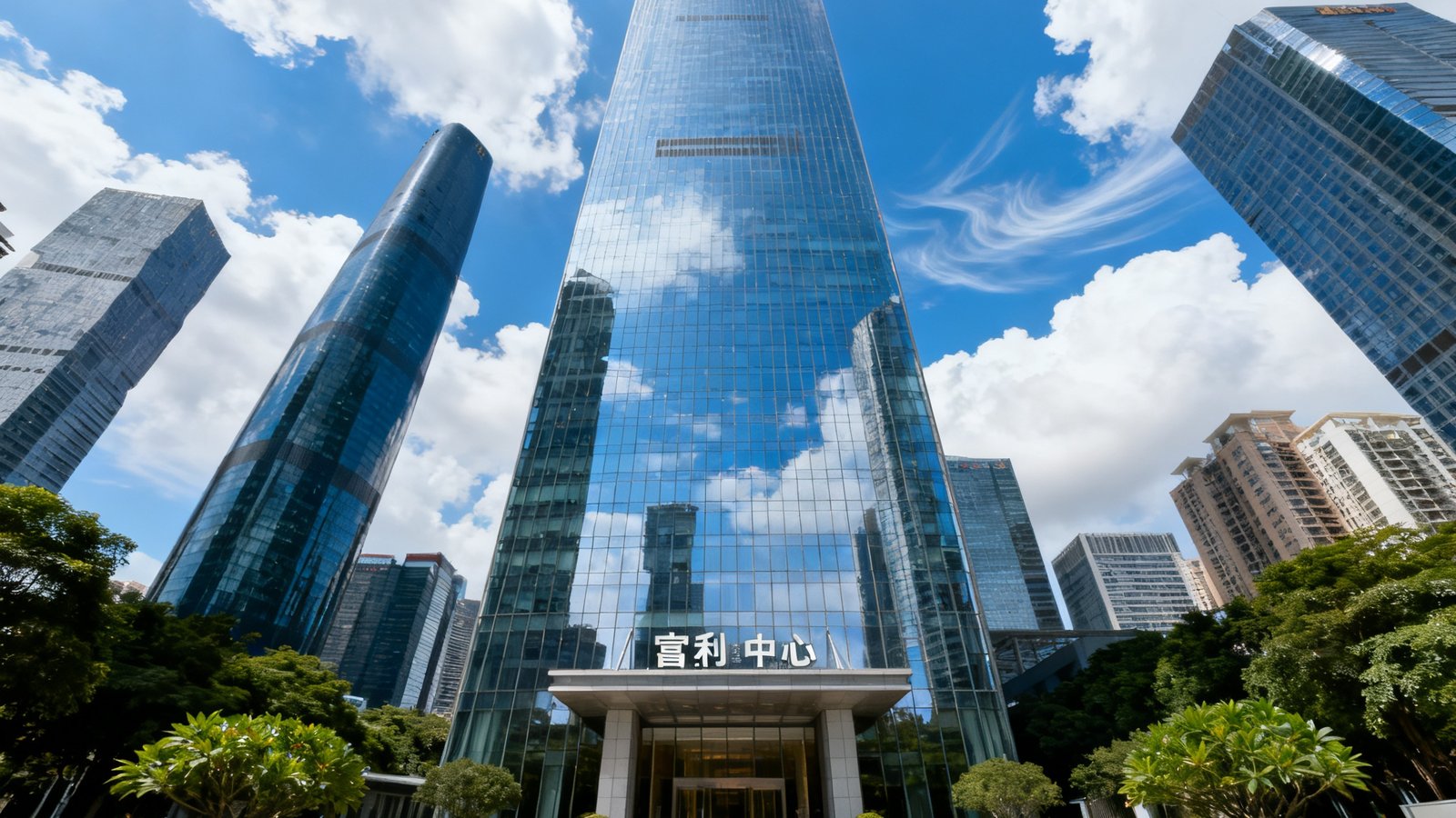 广州珠江新城富力中心外观全景，一座现代化高层建筑矗立在城市天际线中，玻璃幕墙映照着蔚蓝天空与流动的白云，大楼入口处设有精致的绿化景观和水景，展现一线城市核心商务区的高端办公环境。