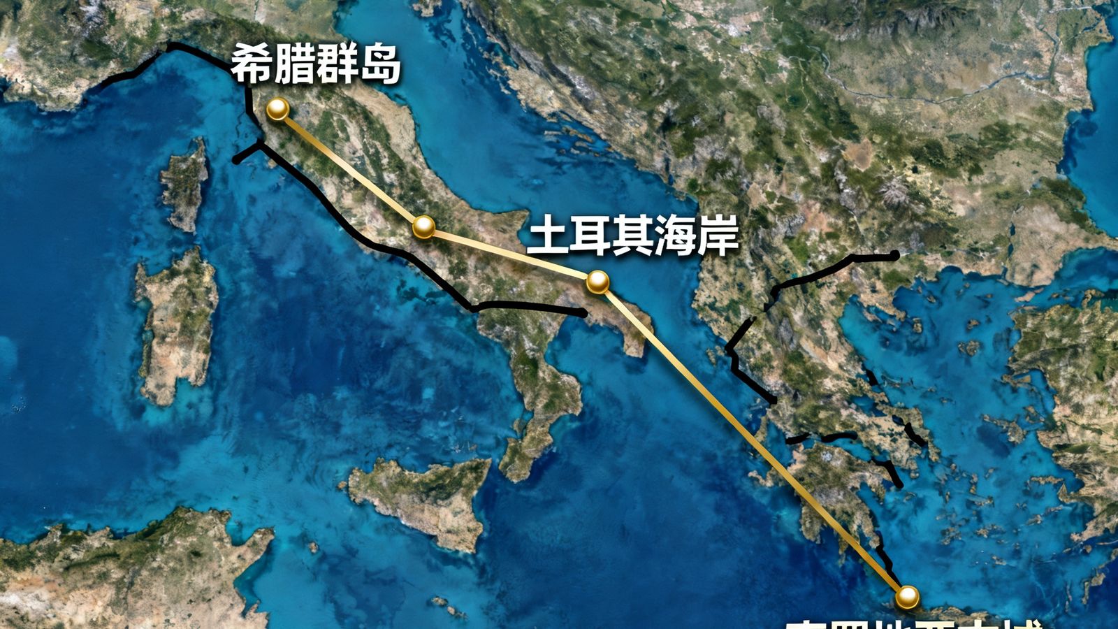 地中海航线2025年升级规划图，新增希腊群岛、土耳其海岸及克罗地亚古城三条分支航线，图中用金色线条标注新增航段，背景为蔚蓝地中海卫星影像。