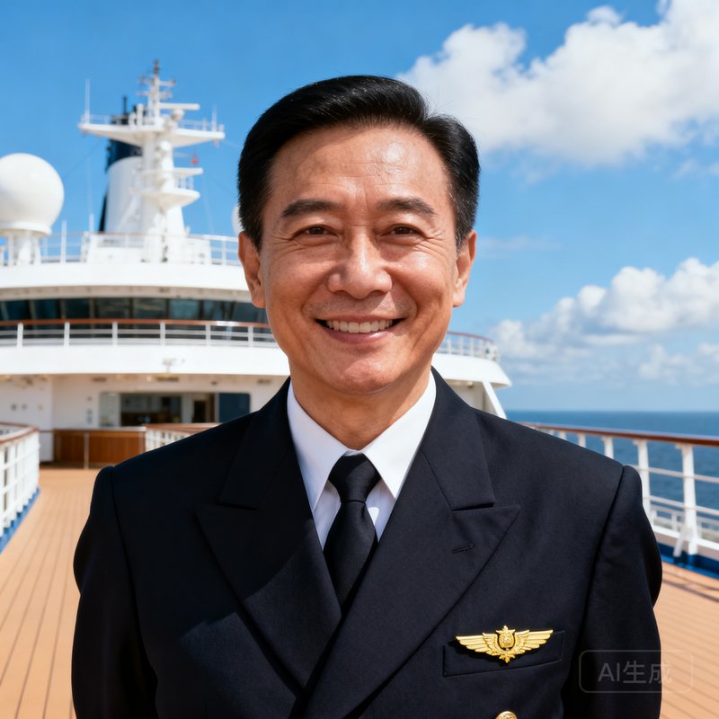 资深中文管家陈启明微笑正面半身照，身穿深色笔挺制服佩戴金色徽章，背景是邮轮上层甲板与蓝天白云，面容和蔼目光专注，展现专业可靠的服务气质。